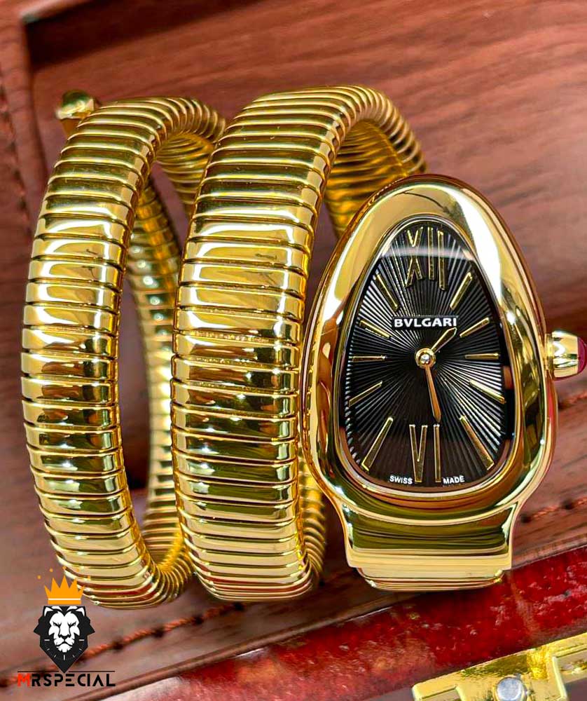 ساعت زنانه بولگاری ماری دستبندی طلایی صفحه مشکی BVLGARI SERPENTI TUBOGAS 2345