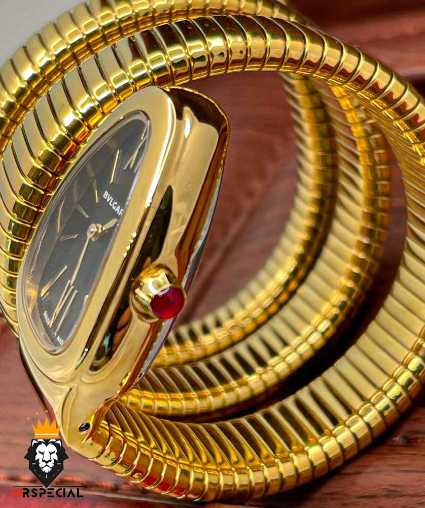 ساعت زنانه بولگاری ماری دستبندی طلایی صفحه مشکی BVLGARI SERPENTI TUBOGAS 2345
