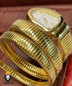 ساعت زنانه بولگاری ماری دستبندی طلایی صفحه سفید BVLGARI SERPENTI TUBOGAS 2344