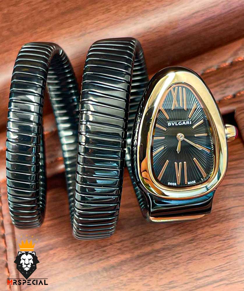 ساعت زنانه بولگاری ماری دستبندی مشکی قاب رزگلد BVLGARI SERPENTI TUBOGAS 2343