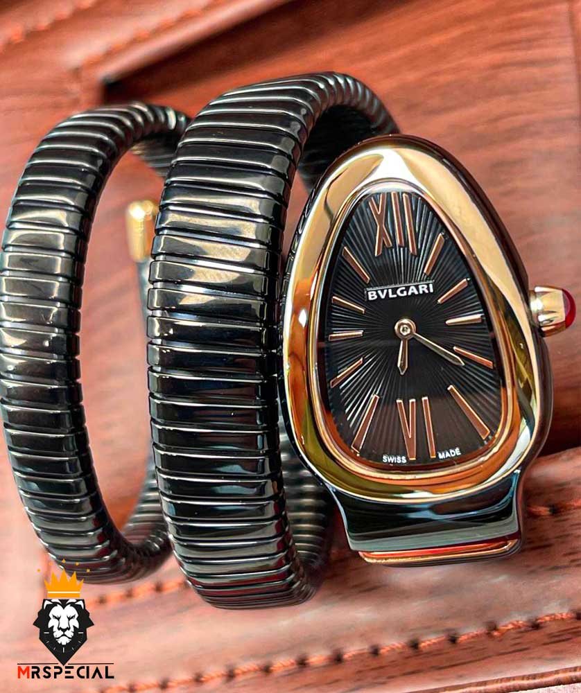 ساعت زنانه بولگاری ماری دستبندی مشکی قاب رزگلد BVLGARI SERPENTI TUBOGAS 2343