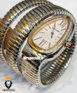 ساعت بولگاری زنانه مدل ماری دورنگ رزگلد صفحه سفید قاب نگین BVLGARI SERPENTI TUBOGAS 021264