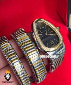 ساعت بولگاری زنانه مدل ماری دورنگ رزگلد صفحه مشکی قاب نگین BVLGARI SERPENTI TUBOGAS 021265