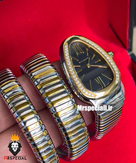 ساعت بولگاری زنانه مدل ماری دورنگ رزگلد صفحه مشکی قاب نگین BVLGARI SERPENTI TUBOGAS 021265
