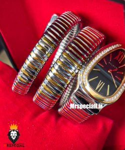 ساعت بولگاری زنانه مدل ماری دورنگ رزگلد صفحه مشکی قاب نگین BVLGARI SERPENTI TUBOGAS 021265