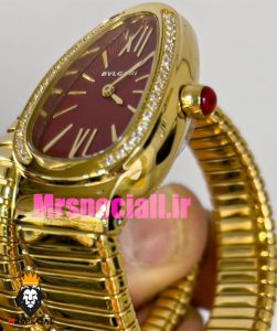 ساعت بولگاری زنانه مدل ماری دستبندی طلایی صفحه قرمز قاب نگین BVLGARI SERPENTI TUBOGAS 020897 