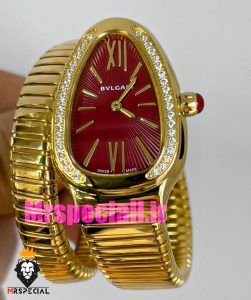 ساعت بولگاری زنانه مدل ماری دستبندی طلایی صفحه قرمز قاب نگین BVLGARI SERPENTI TUBOGAS 020897 