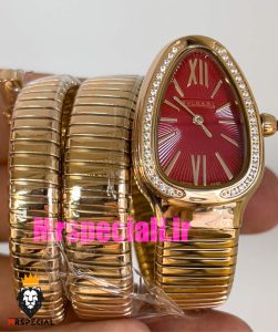 ساعت بولگاری زنانه مدل ماری دستبندی رزگلد قاب نگین صفحه قرمز BVLGARI SERPENTI TUBOGAS 020896 