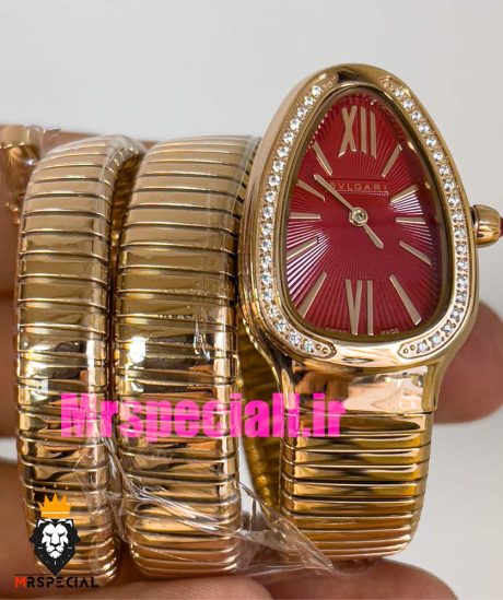 ساعت بولگاری زنانه مدل ماری دستبندی رزگلد قاب نگین صفحه قرمز BVLGARI SERPENTI TUBOGAS 020896