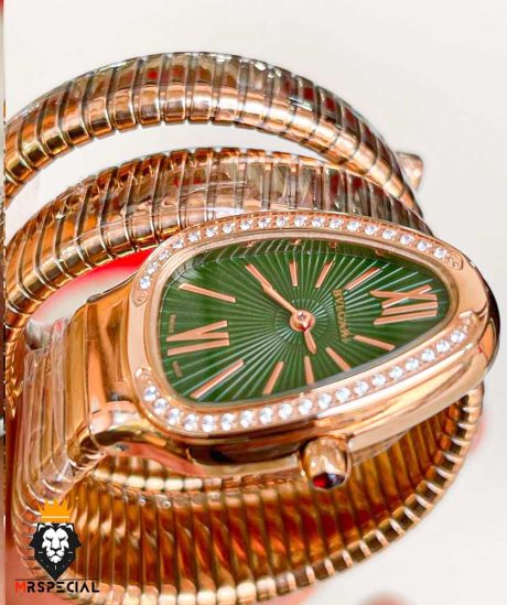 ساعت زنانه بولگاری ماری دستبندی رزگلد قاب نگین صفحه سبز BVLGARI SERPENTI TUBOGAS 01090