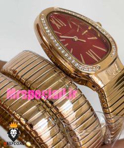 ساعت بولگاری زنانه مدل ماری دستبندی رزگلد قاب نگین صفحه قرمز BVLGARI SERPENTI TUBOGAS 020896 