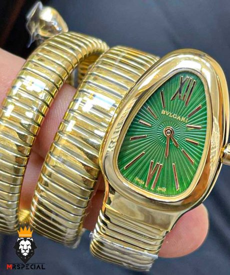 ساعت مچی زنانه بولگاری ماری دستبندی طلایی صفحه سبز BVLGARI SERPENTI TUBOGAS 01134