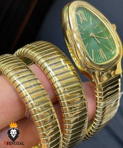 ساعت مچی زنانه بولگاری ماری دستبندی طلایی صفحه سبز BVLGARI SERPENTI TUBOGAS 01134