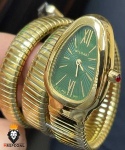 ساعت مچی زنانه بولگاری ماری دستبندی طلایی صفحه سبز BVLGARI SERPENTI TUBOGAS 01134