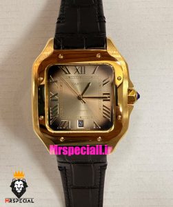 ساعت کارتیه مردانه دسانتوس اتوماتیک طلایی چرم مشکی صفحه بژ 021563 Cartier Santos de