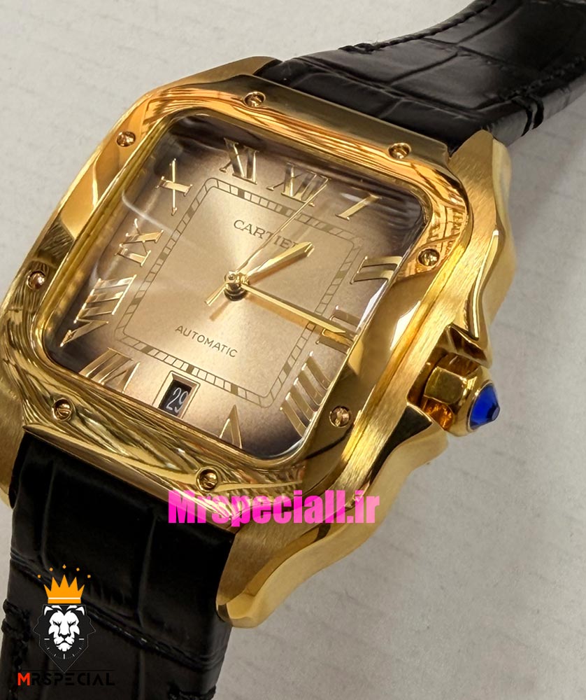 ساعت کارتیه مردانه دسانتوس اتوماتیک طلایی چرم مشکی صفحه بژ 021563 Cartier Santos de