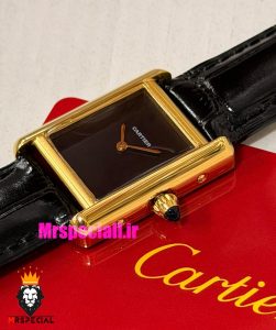 ساعت کارتیه زنانه مدل تانک قاب طلایی صفحه مشکی چرم مشکی Cartier Tank Must 021562