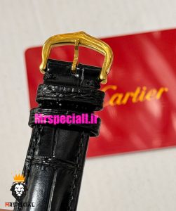 ساعت کارتیه زنانه مدل تانک قاب طلایی صفحه مشکی چرم مشکی Cartier Tank Must 021562