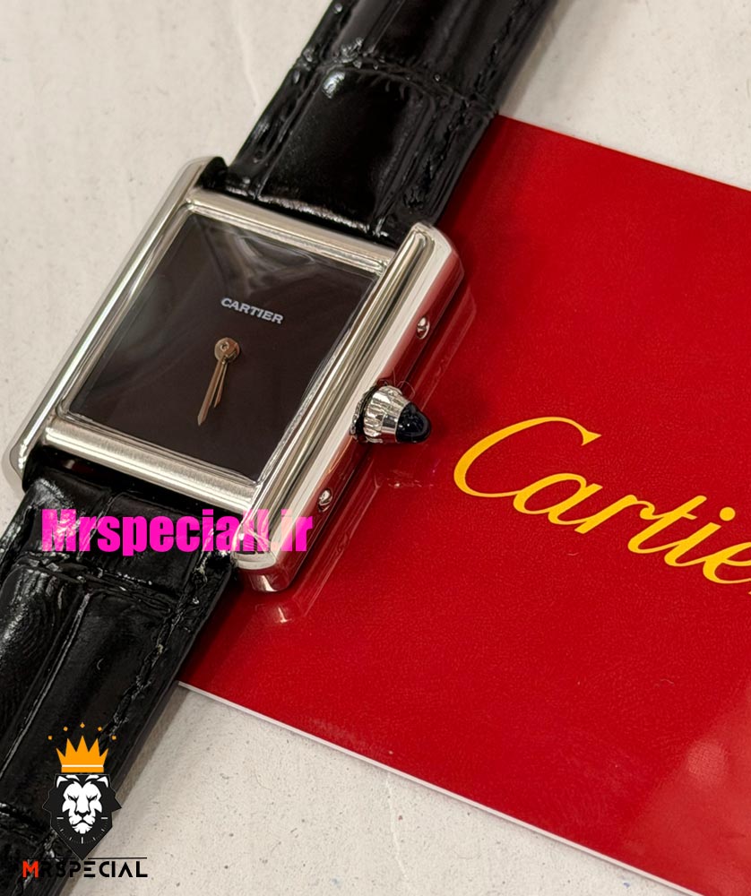 ساعت کارتیه زنانه مدل تانک قاب استیل صفحه مشکی چرم مشکی Cartier Tank Must 021560