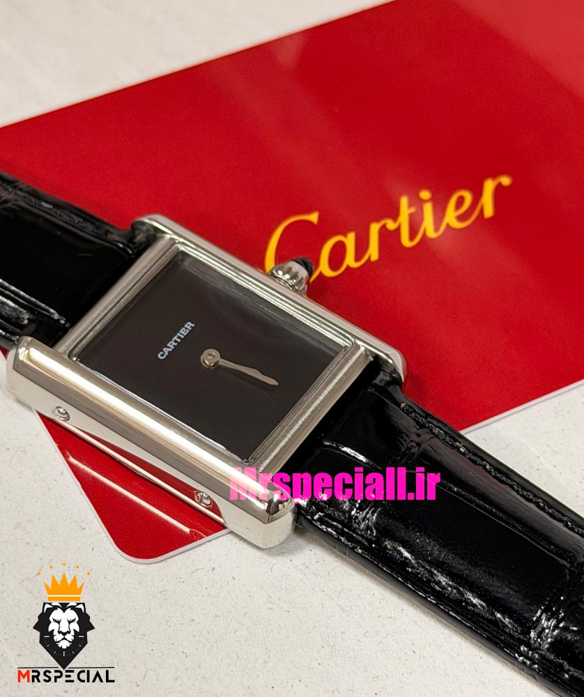 ساعت کارتیه زنانه مدل تانک قاب استیل صفحه مشکی چرم مشکی Cartier Tank Must 021560