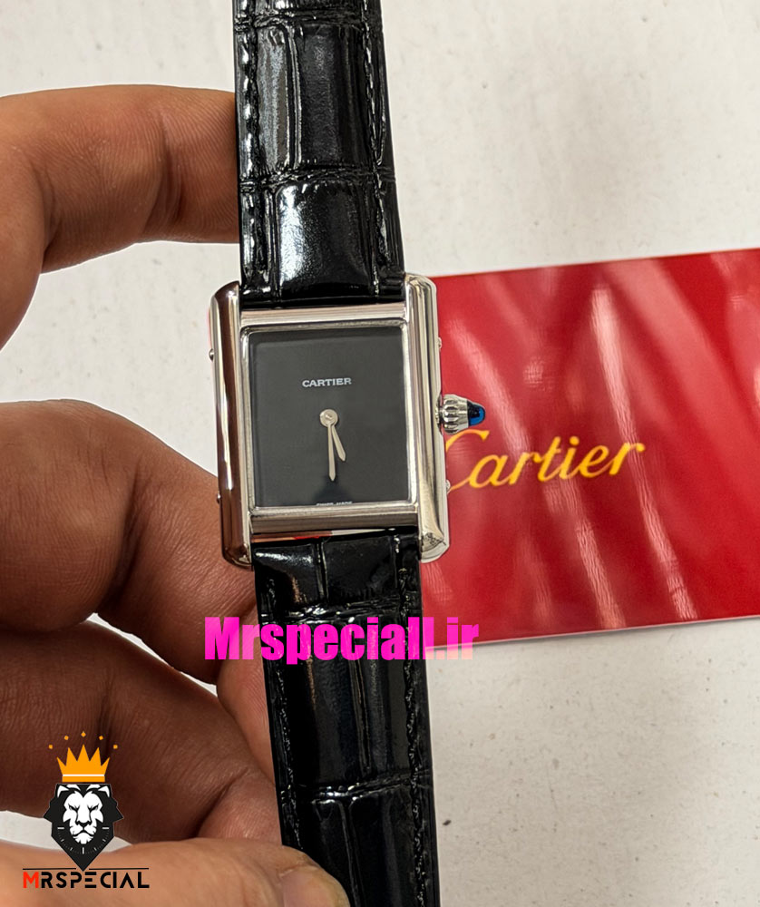 ساعت کارتیه زنانه مدل تانک قاب استیل صفحه مشکی چرم مشکی Cartier Tank Must 021560