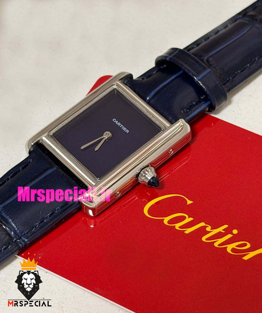 ساعت کارتیه زنانه مدل تانک قاب استیل صفحه ابی چرم سورمه ای Cartier Tank Must 021561