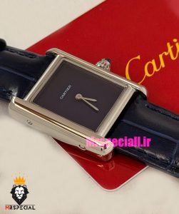 ساعت کارتیه زنانه مدل تانک قاب استیل صفحه ابی چرم سورمه ای Cartier Tank Must 021561