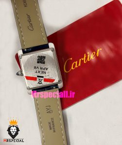 ساعت کارتیه زنانه مدل تانک قاب استیل صفحه ابی چرم سورمه ای Cartier Tank Must 021561