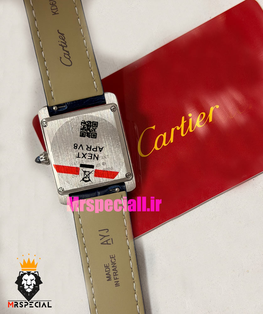 ساعت کارتیه زنانه مدل تانک قاب استیل صفحه ابی چرم سورمه ای Cartier Tank Must 021561