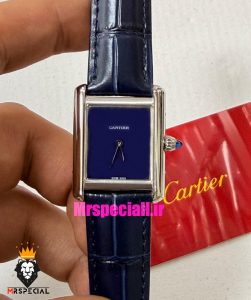 ساعت کارتیه زنانه مدل تانک قاب استیل صفحه ابی چرم سورمه ای Cartier Tank Must 021561