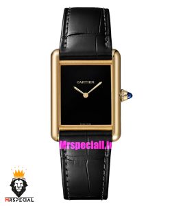 ساعت کارتیه زنانه مدل تانک قاب طلایی صفحه مشکی چرم مشکی Cartier Tank Must 021562