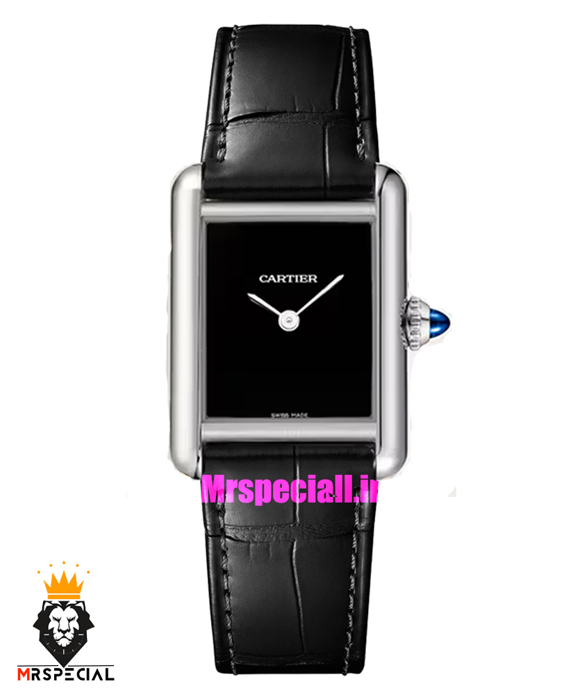 ساعت کارتیه زنانه مدل تانک قاب استیل صفحه مشکی چرم مشکی Cartier Tank Must 021560