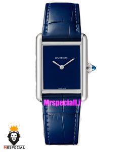 ساعت کارتیه زنانه مدل تانک قاب استیل صفحه ابی چرم ابی Cartier Tank Must 021561