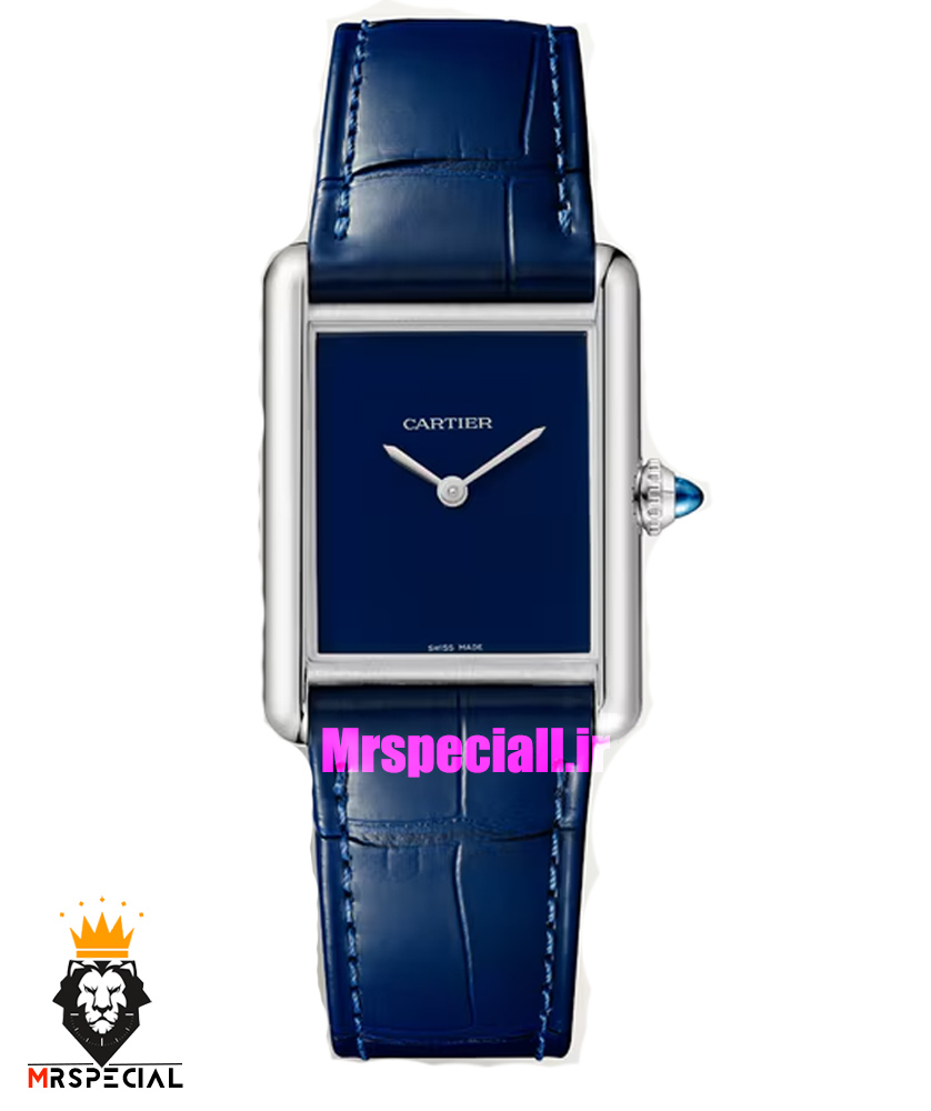 ساعت کارتیه زنانه مدل تانک قاب استیل صفحه ابی چرم ابی Cartier Tank Must 021561