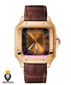 ساعت کارتیه مردانه دسانتوس اتوماتیک رزگلد چرم قهوه ای صفحه قهوه ای 021564 Cartier Santos de
