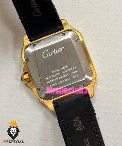 ساعت کارتیه مردانه دسانتوس اتوماتیک طلایی چرم مشکی صفحه بژ 021563 Cartier Santos de
