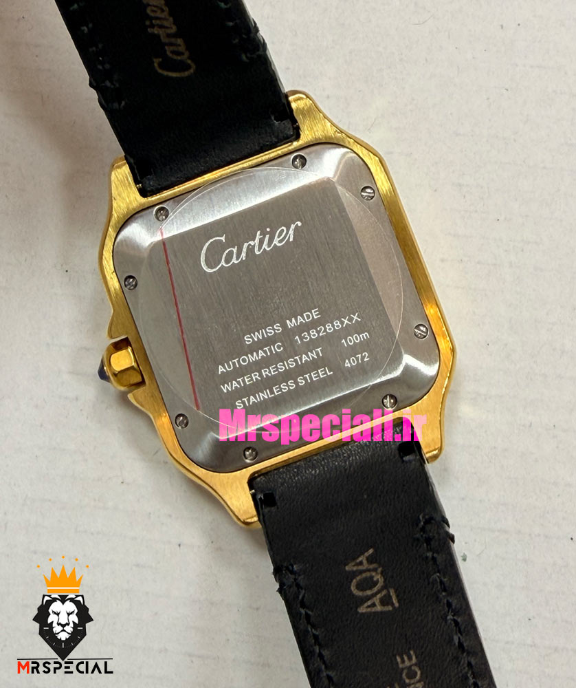 ساعت کارتیه مردانه دسانتوس اتوماتیک طلایی چرم مشکی صفحه بژ 021563 Cartier Santos de