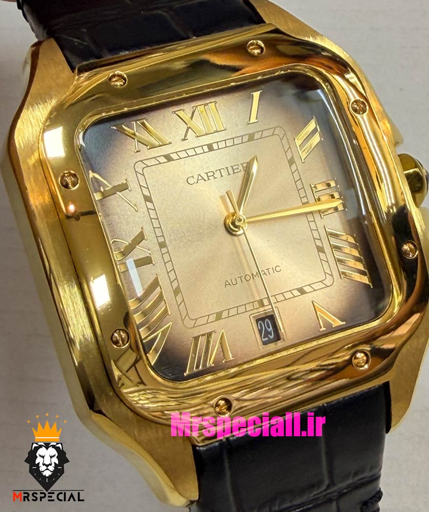 ساعت کارتیه مردانه دسانتوس اتوماتیک طلایی چرم مشکی صفحه بژ 021563 Cartier Santos de