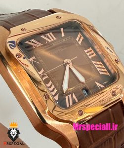ساعت کارتیه مردانه دسانتوس اتوماتیک رزگلد چرم قهوه ای صفحه قهوه ای 021564 Cartier Santos de