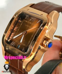 ساعت کارتیه مردانه دسانتوس اتوماتیک رزگلد چرم قهوه ای صفحه قهوه ای 021564 Cartier Santos de