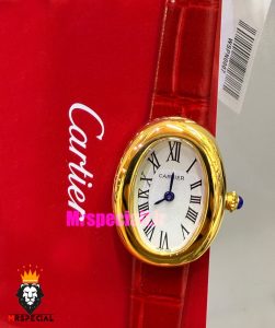 ساعت کارتیه زنانه مدل بایگنور بند چرم قرمز قاب طلایی صفحه سفید 021540 Cartier Baignoire
