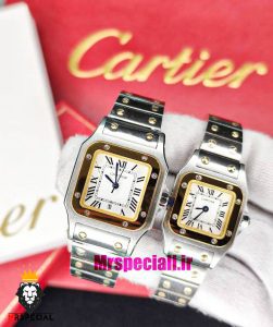 ساعت ست کارتیه مدل سانتوس کوارتز دورنگ طلایی صفحه سفید 021443 Cartier Santos100