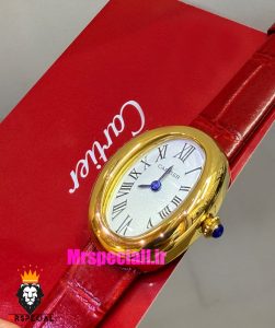 ساعت کارتیه زنانه مدل بایگنور بند چرم قرمز قاب طلایی صفحه سفید 021540 Cartier Baignoire