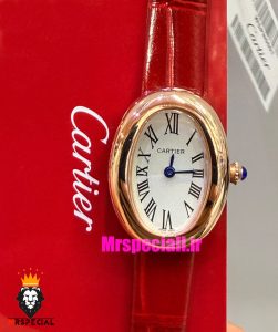 ساعت کارتیه زنانه مدل بایگنور بند چرم قرمز قاب رزگلد صفحه سفید 021544 Cartier Baignoire