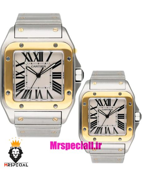 ساعت ست کارتیه مدل سانتوس کوارتز دورنگ طلایی صفحه سفید 021443 Cartier Santos100