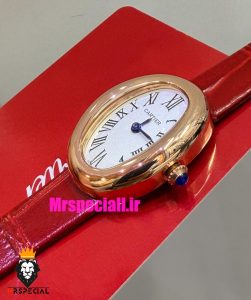 ساعت کارتیه زنانه مدل بایگنور بند چرم قرمز قاب رزگلد صفحه سفید 021544 Cartier Baignoire