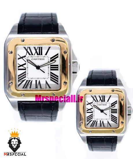 ساعت ست کارتیه سانتوس بند چرم مشکی قاب دورنگ طلایی صفحه سفید CARTIER SANTOS100 0873