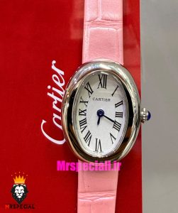 ساعت کارتیه زنانه مدل بایگنور بند چرم صورتی قاب استیل صفحه سفید 021542 Cartier Baignoire