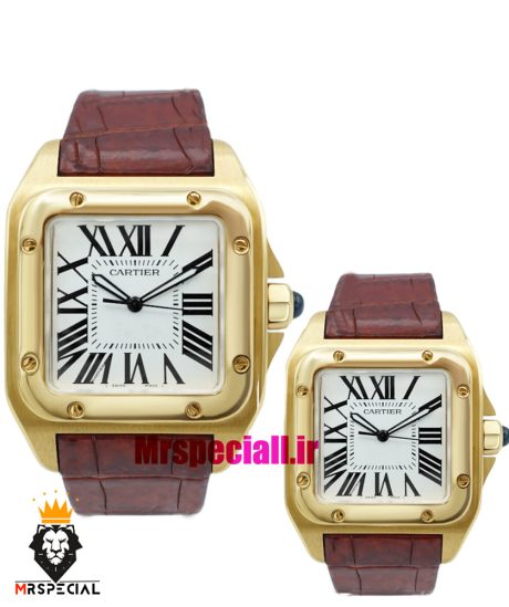 ساعت ست کارتیه سانتوس بند چرم قهوه ای قاب طلایی صفحه سفید CARTIER SANTOS100 0873