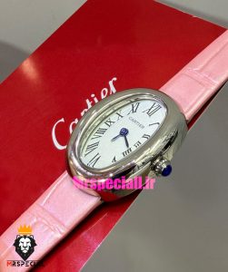 ساعت کارتیه زنانه مدل بایگنور بند چرم صورتی قاب استیل صفحه سفید 021542 Cartier Baignoire
